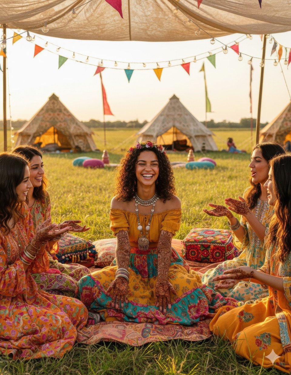 Bride with floral mehndi laughing under fairy lights