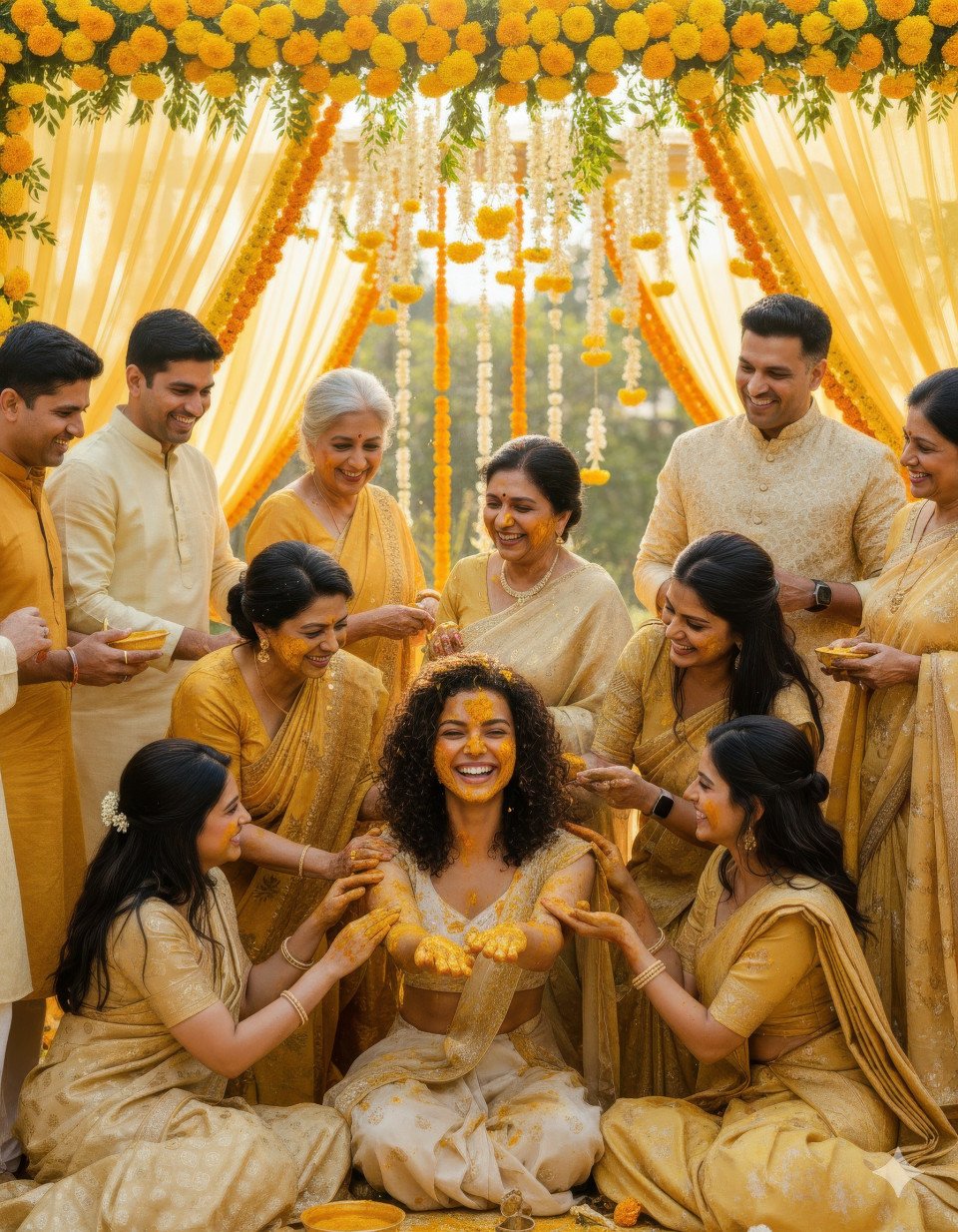Bride smiling as turmeric is applied by bridesmaids in garden