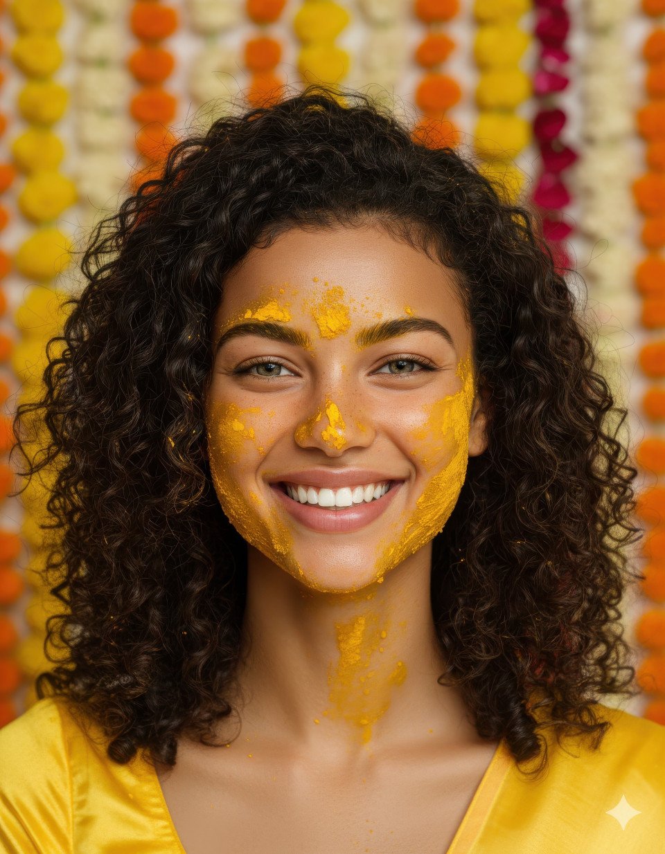 Close up of brideâ€™s radiant smile with turmeric during haldi