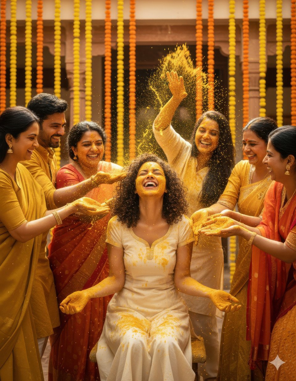 Bride laughing as friends splash turmeric during haldi