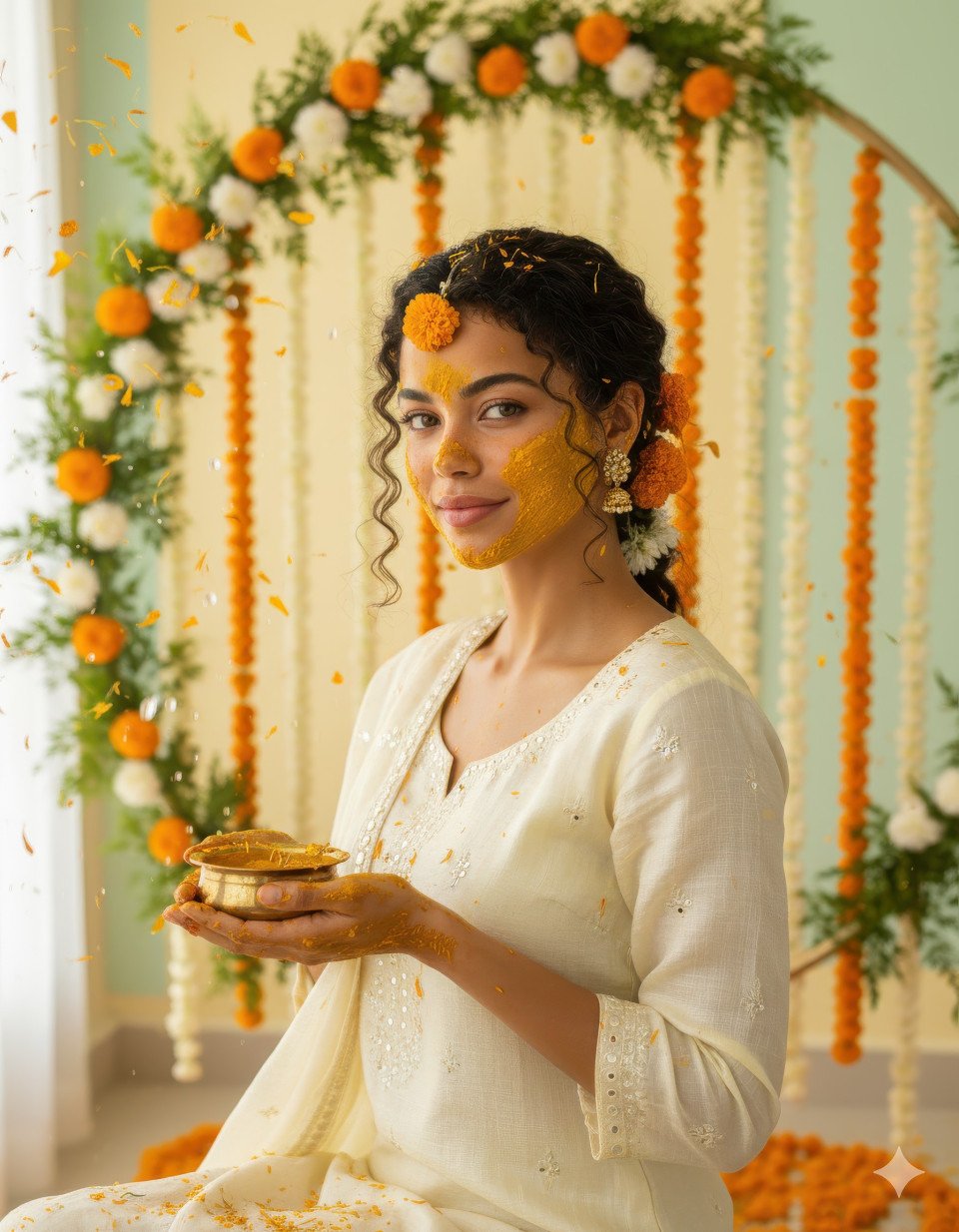 Elegant bride posing with turmeric against pastel background