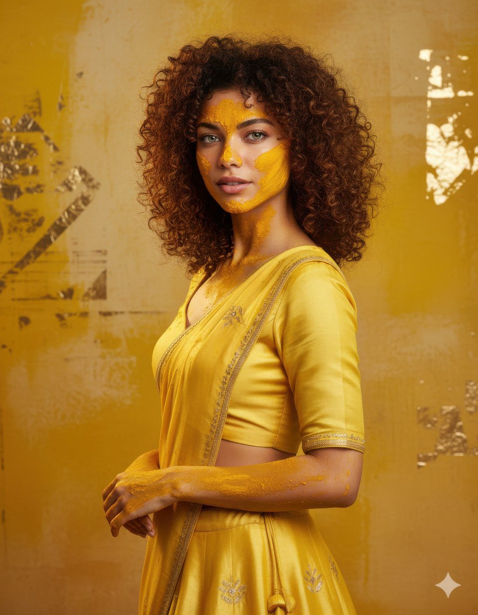 Stylish bride posing in front of artistic yellow backdrop