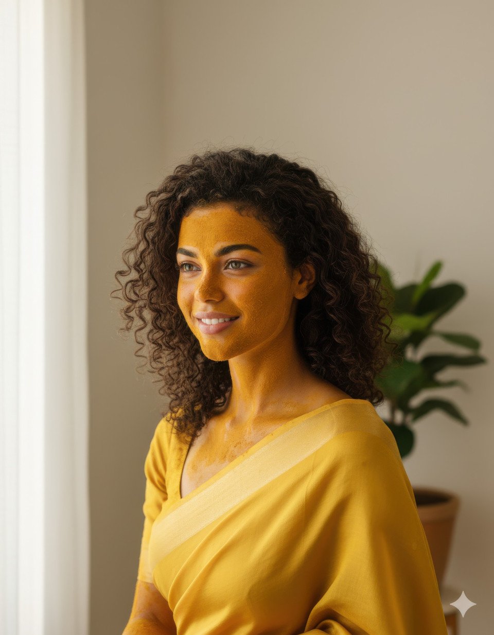 Bride in yellow saree smiling in minimal indoor setup