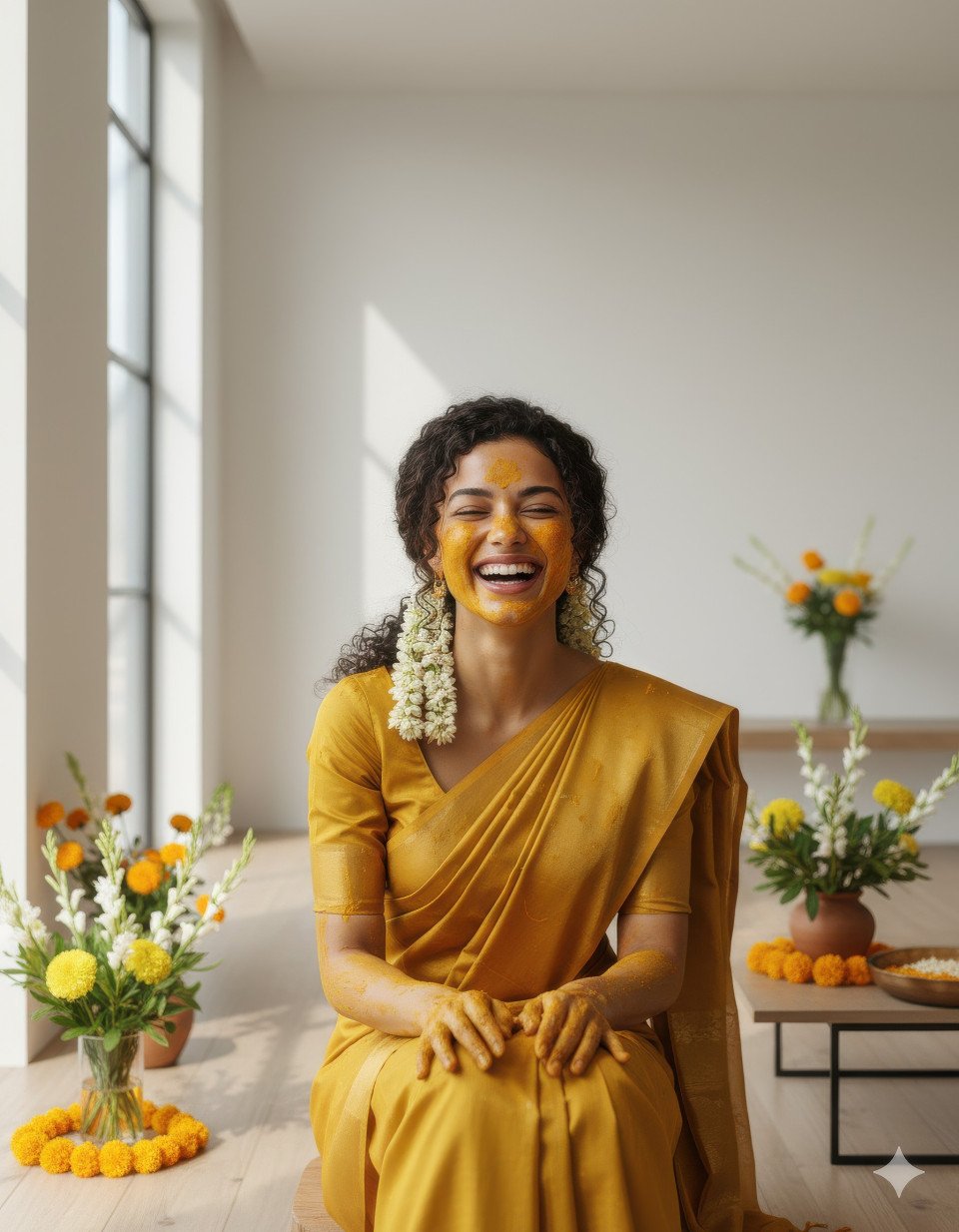 Modern bride laughing during haldi ceremony at home