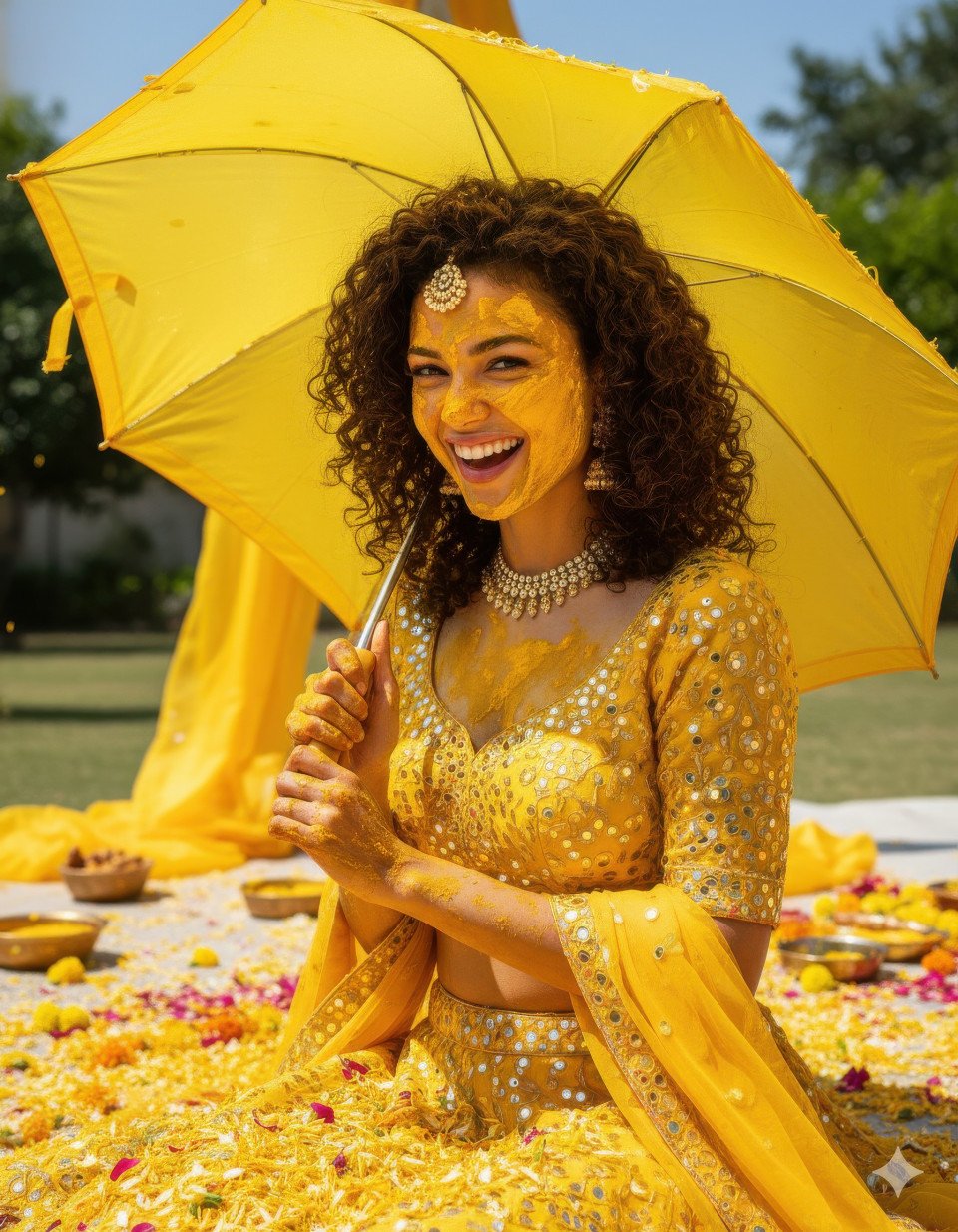 Bride smiling playfully with yellow umbrella during haldi