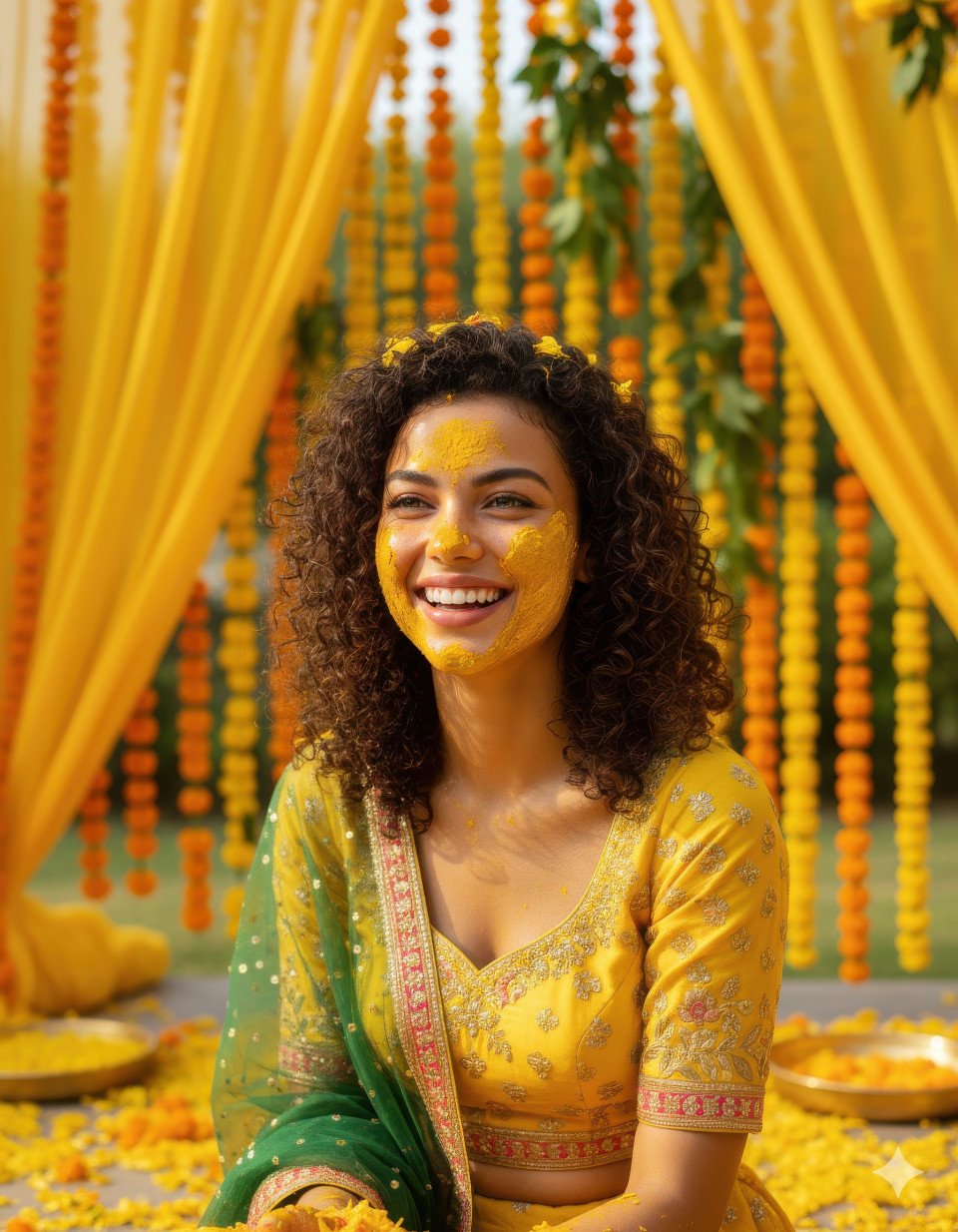 Radiant bride with turmeric on cheeks surrounded by marigolds
