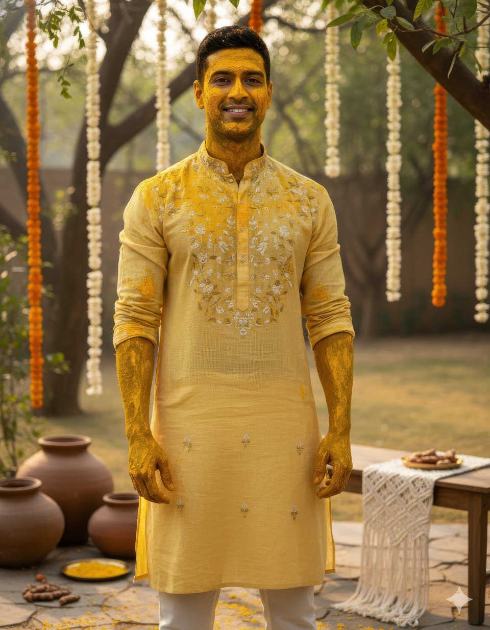 Artistic groom in floral linen attire with haldi glow
