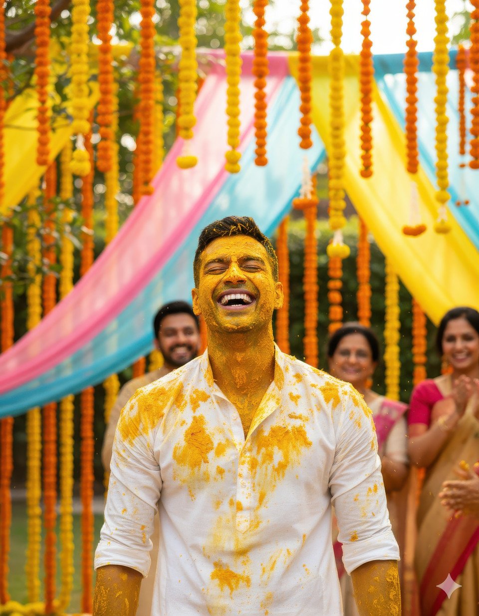 Joyful groom in white kurta laughing during haldi ceremony