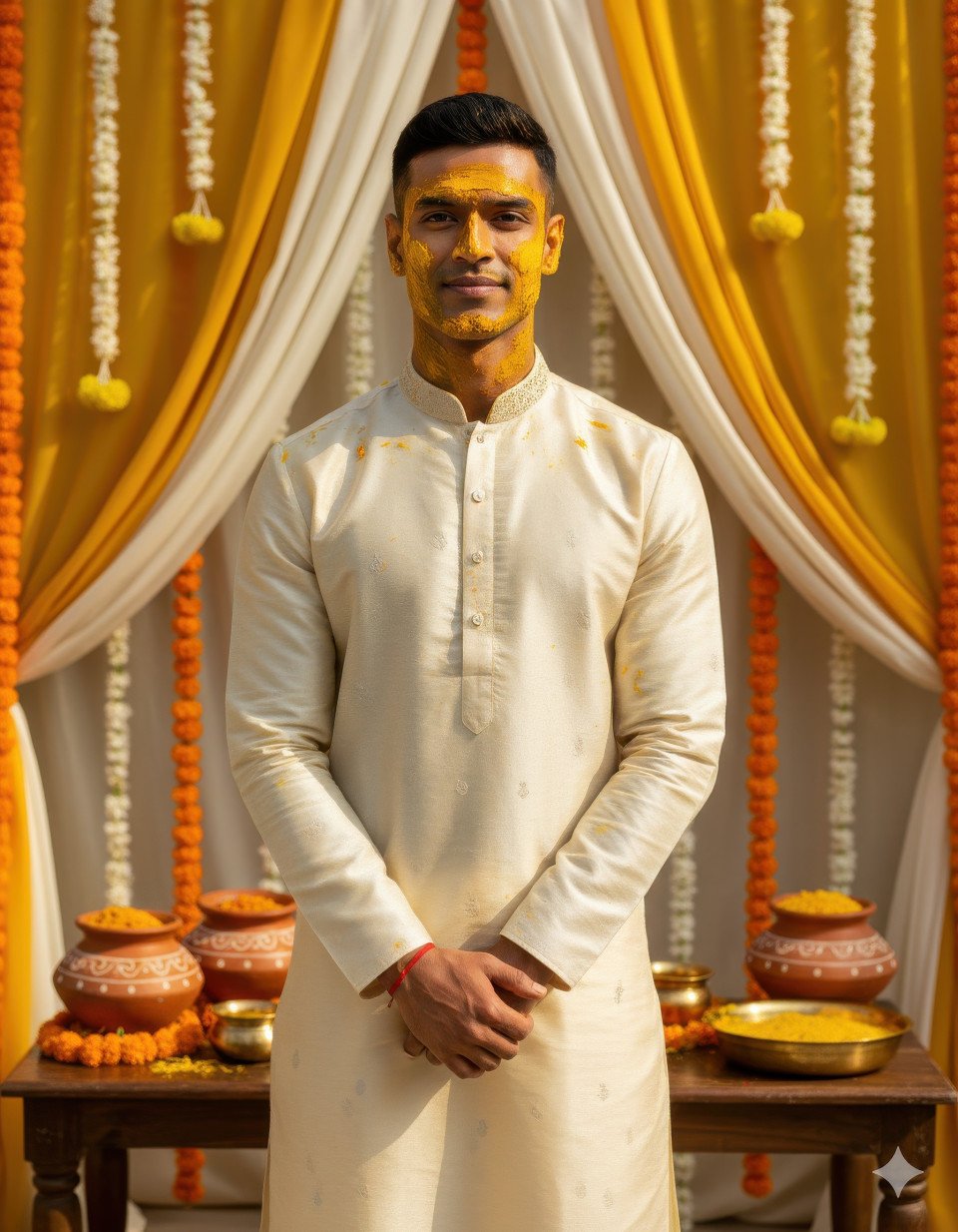 Traditional groom in silk kurta covered in haldi