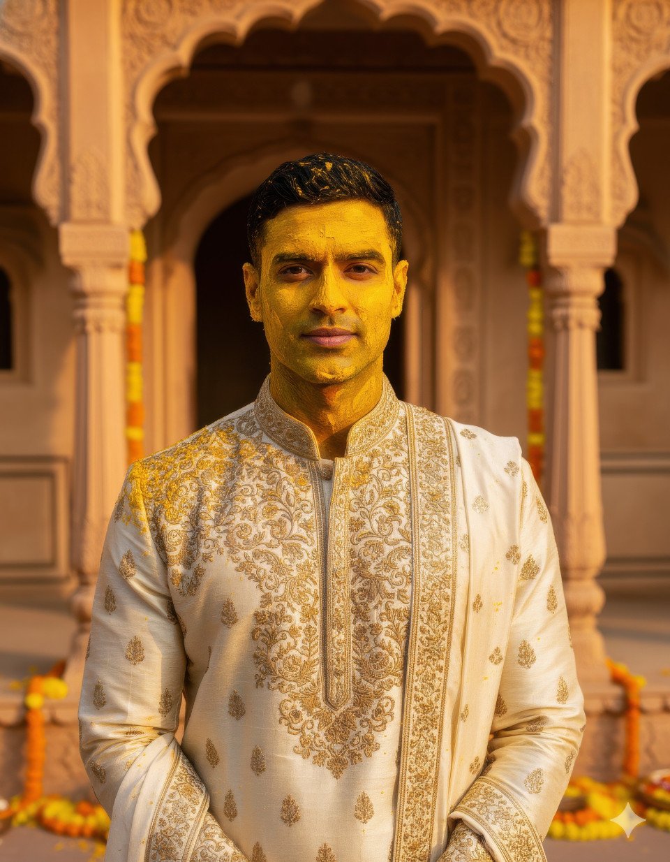Regal groom in ivory kurta with haldi during wedding ritual