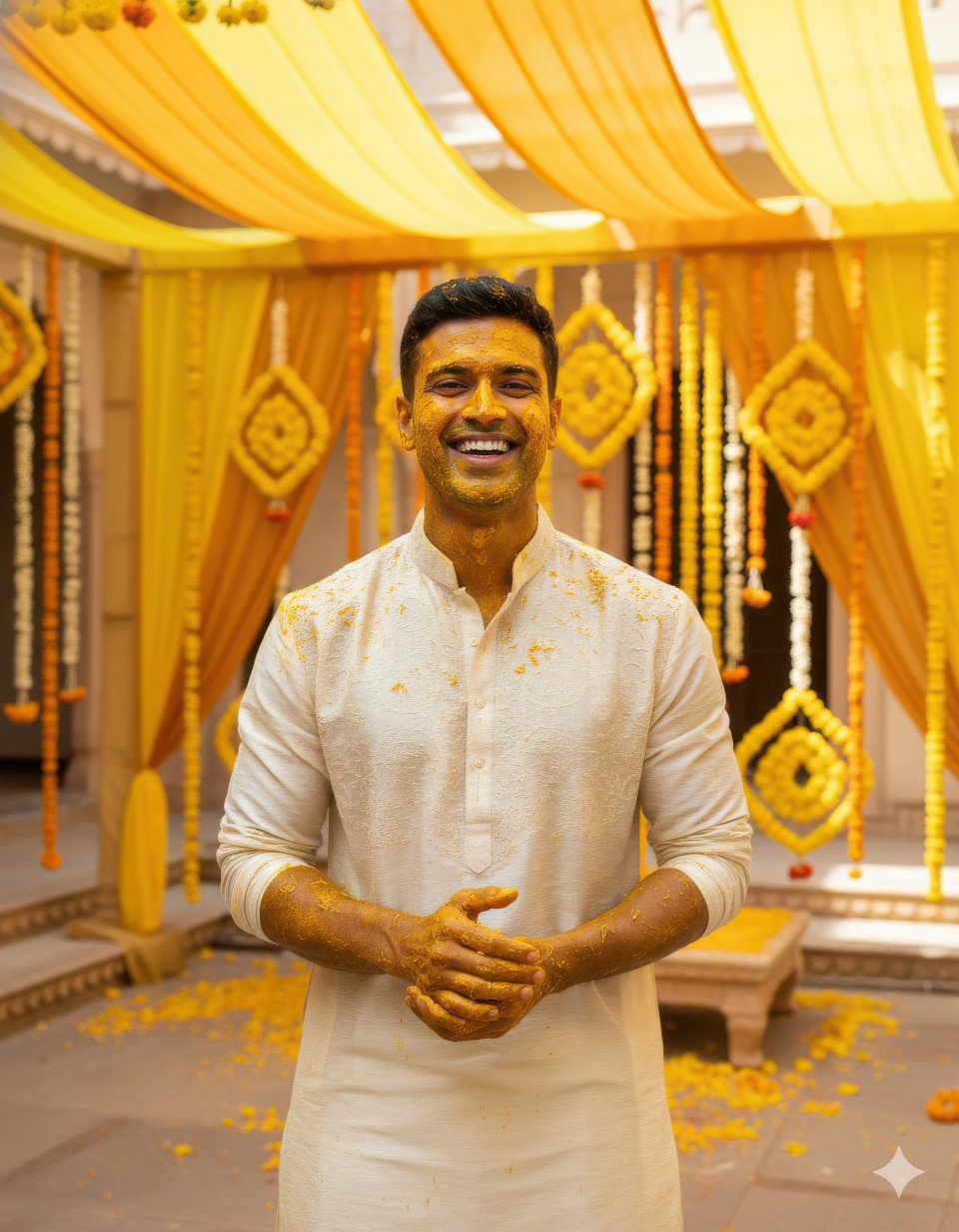 Groom in cream kurta with haldi on face and folded hands