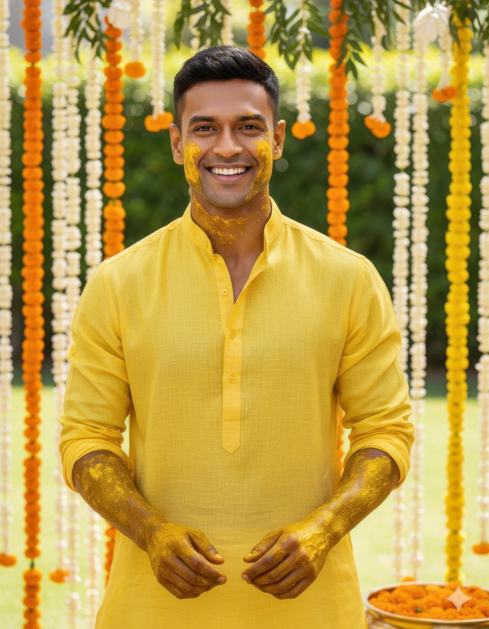 Radiant groom in yellow linen kurta smiling outdoors