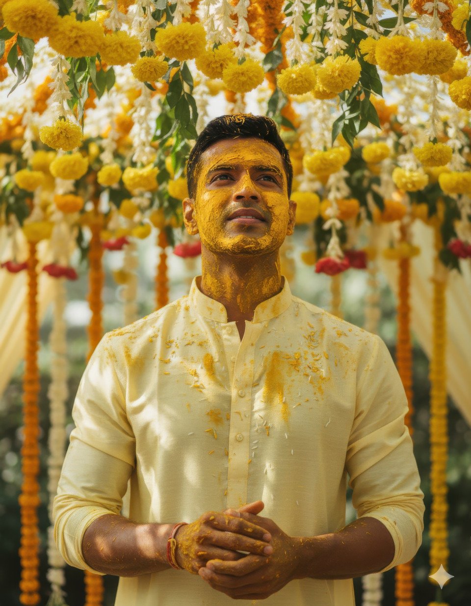 Dreamy groom in pastel kurta under floral canopy