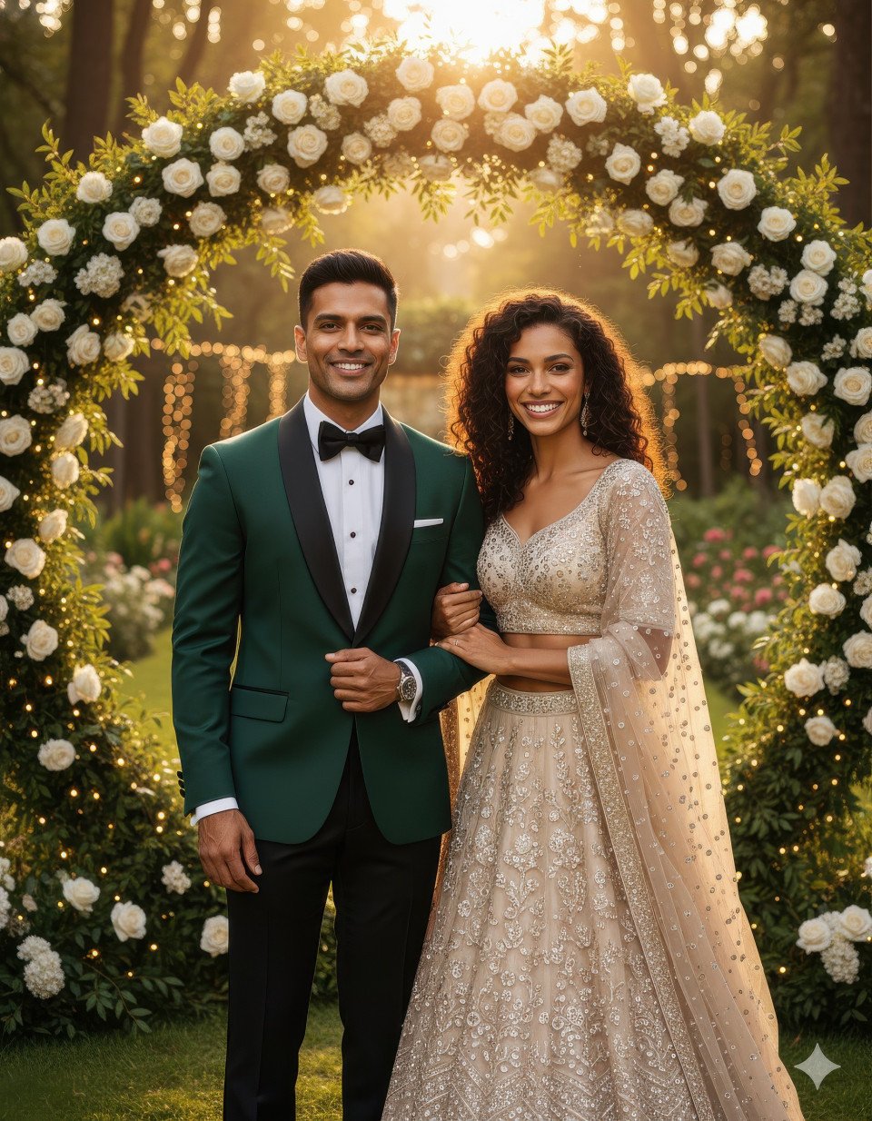 Indian couple in emerald tuxedo and champagne lehenga in garden