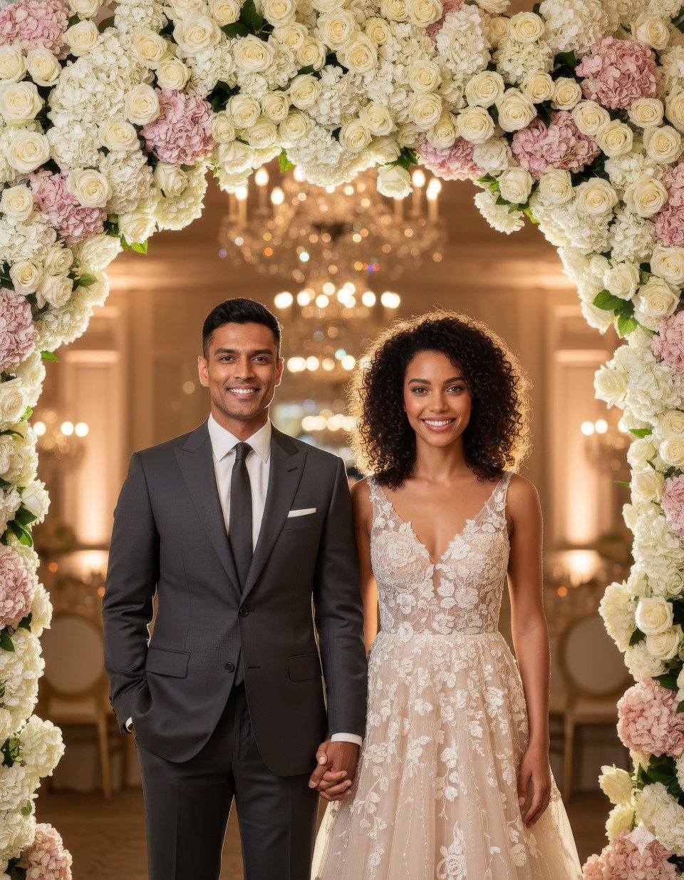 Sophisticated indian couple holding hands beneath floral arch