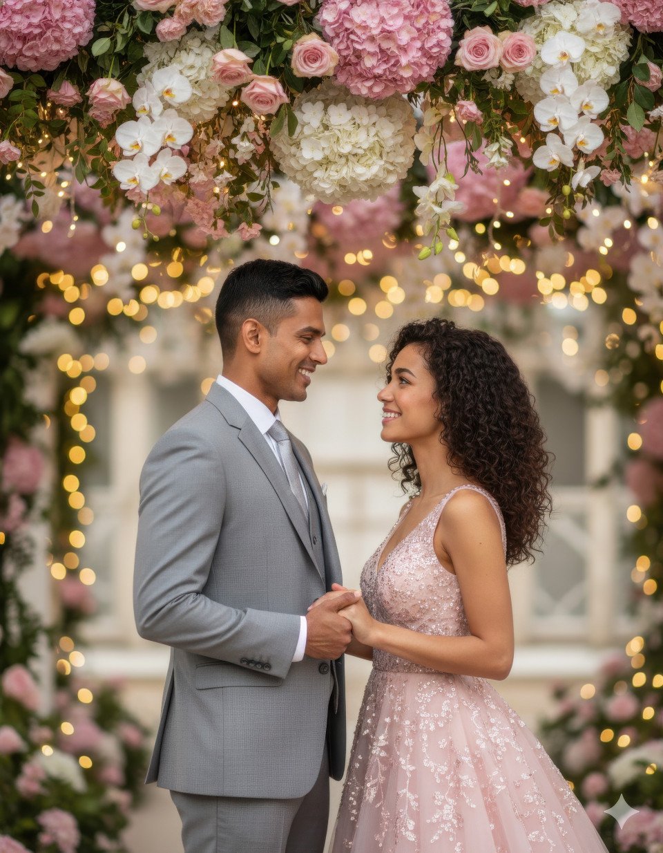 Dreamy indian couple gazing under floral ceiling