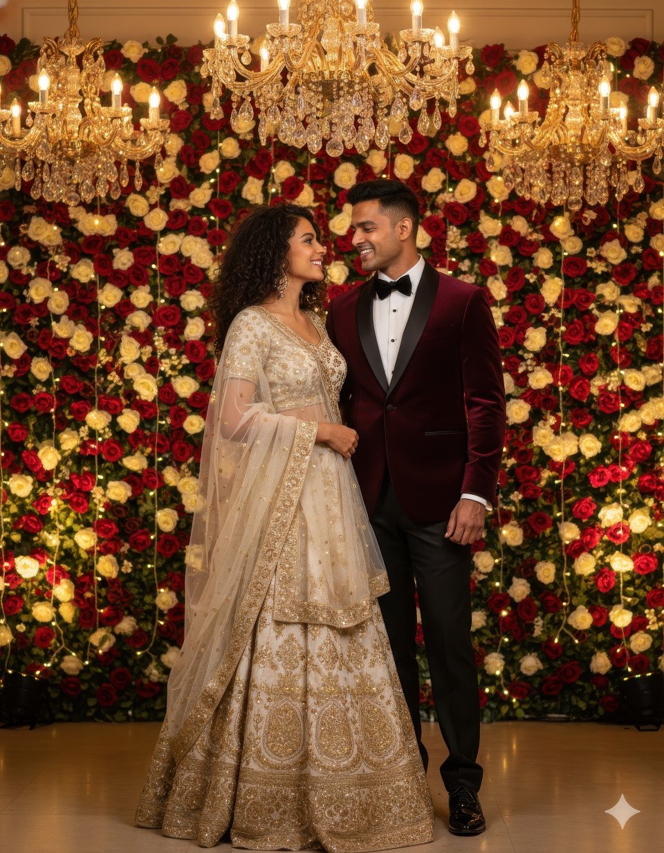Indian couple in burgundy tuxedo and gold lehenga under chandeliers