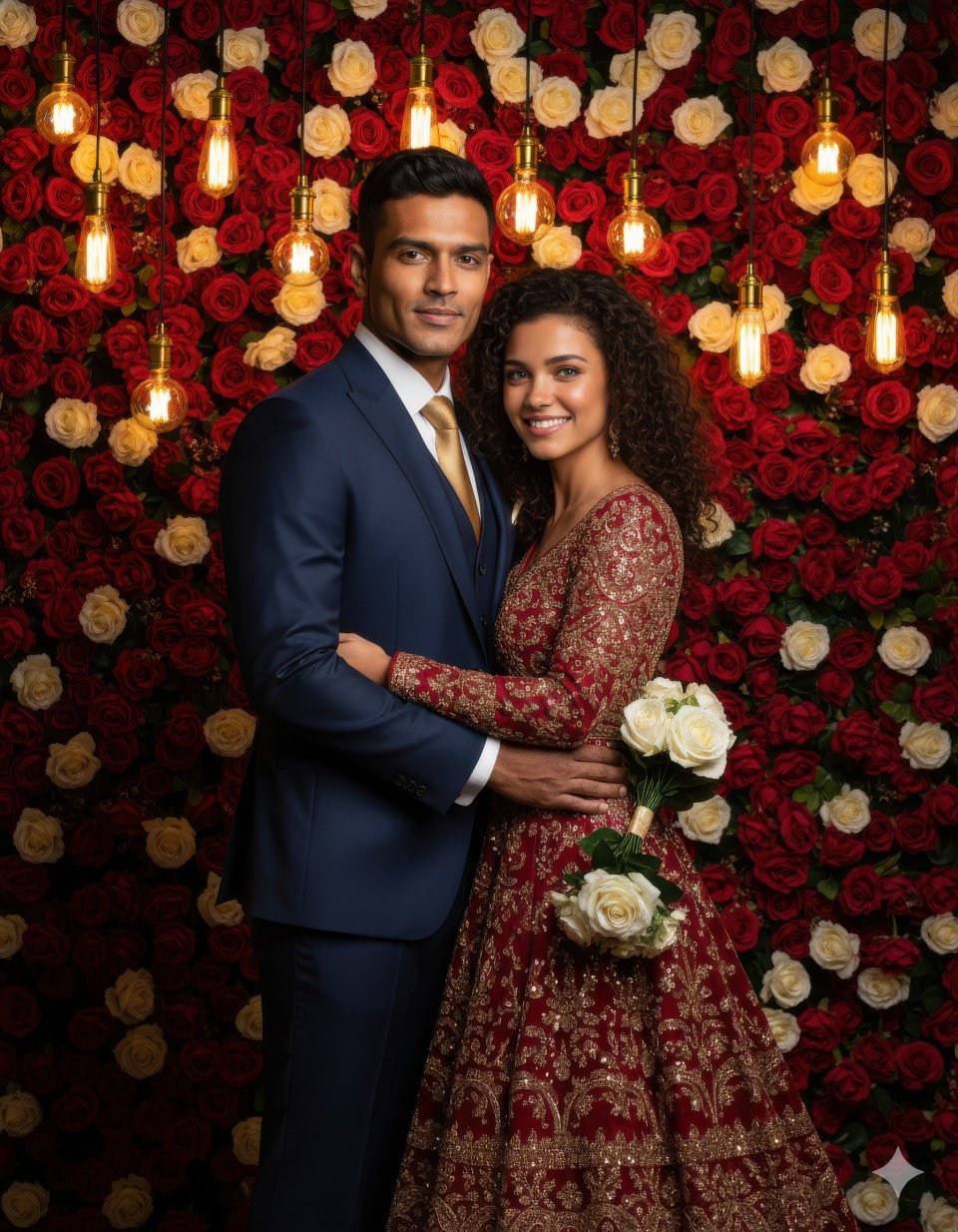Regal indian couple under rose wall with edison bulbs
