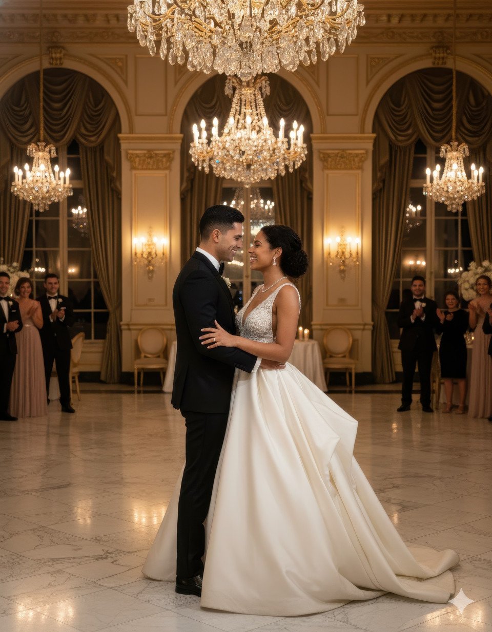 Wedding couple first dance under chandeliers