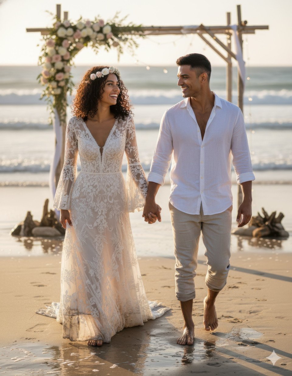 Wedding couple walking barefoot on the beach