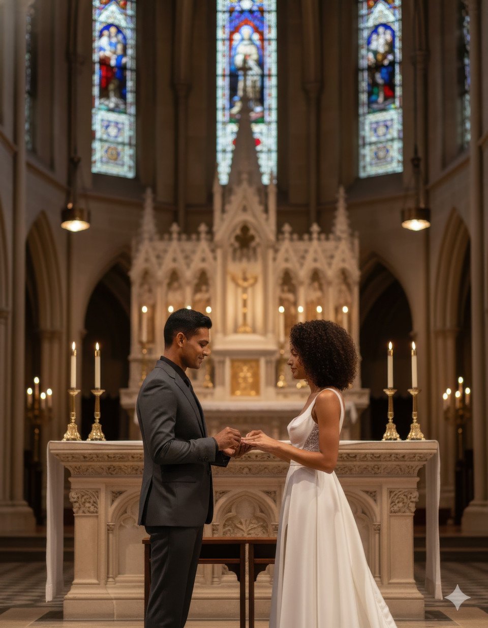 Couple exchanging rings at altar in candlelit cathedral