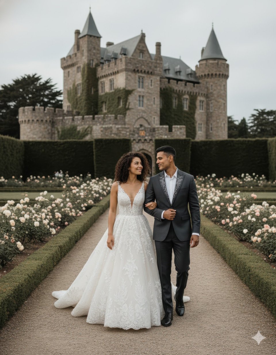 Wedding couple walking through castle gardens