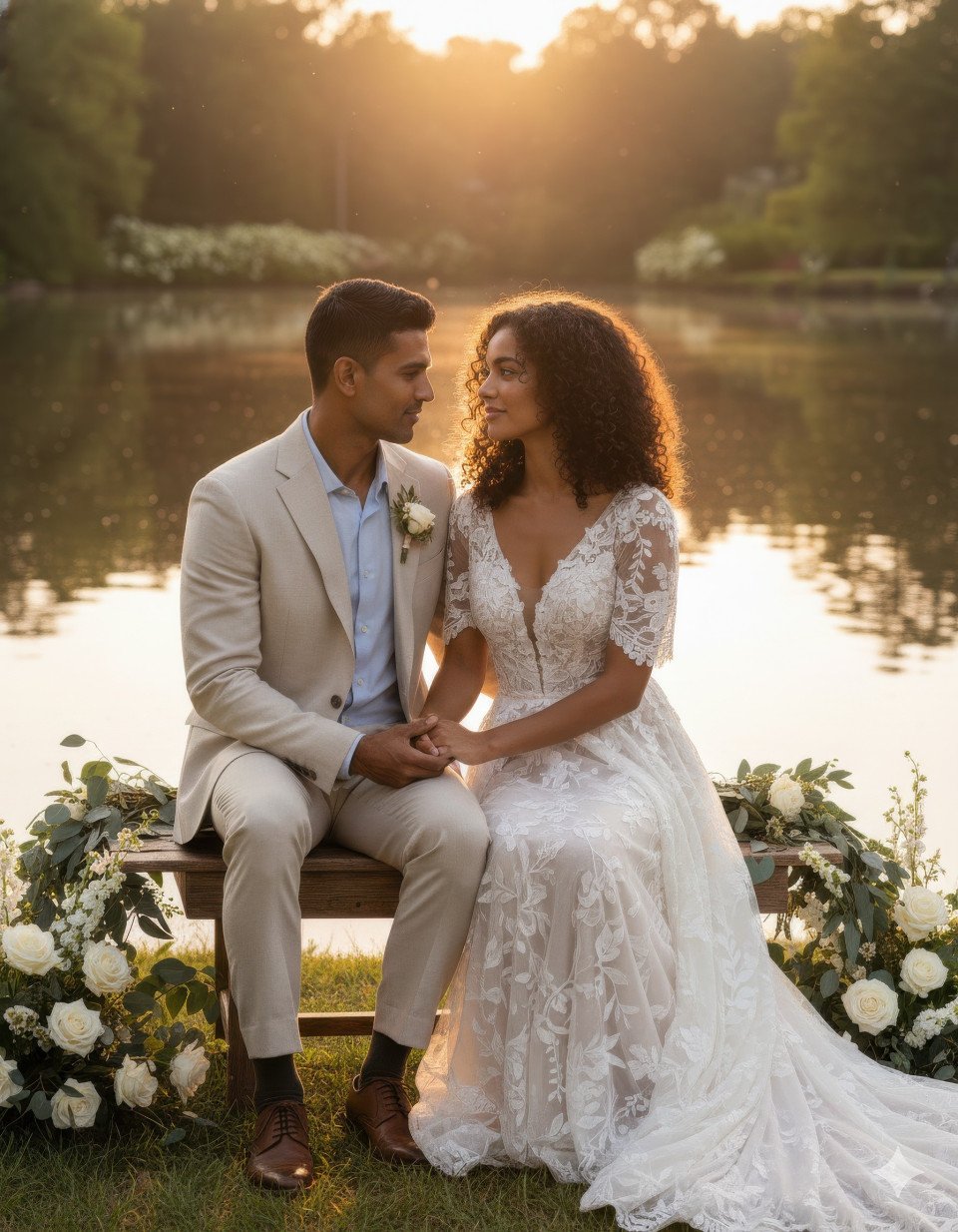 Newlyweds sitting by lakeside at golden hour