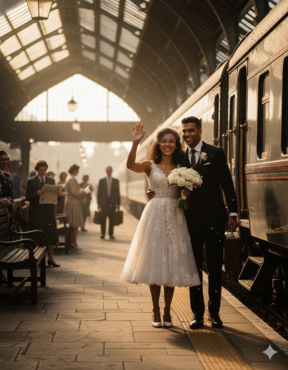 Wedding couple departing on vintage train