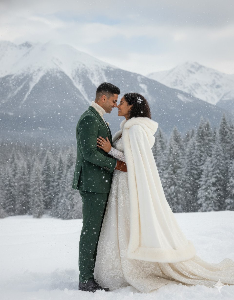 Wedding couple embracing in falling snow