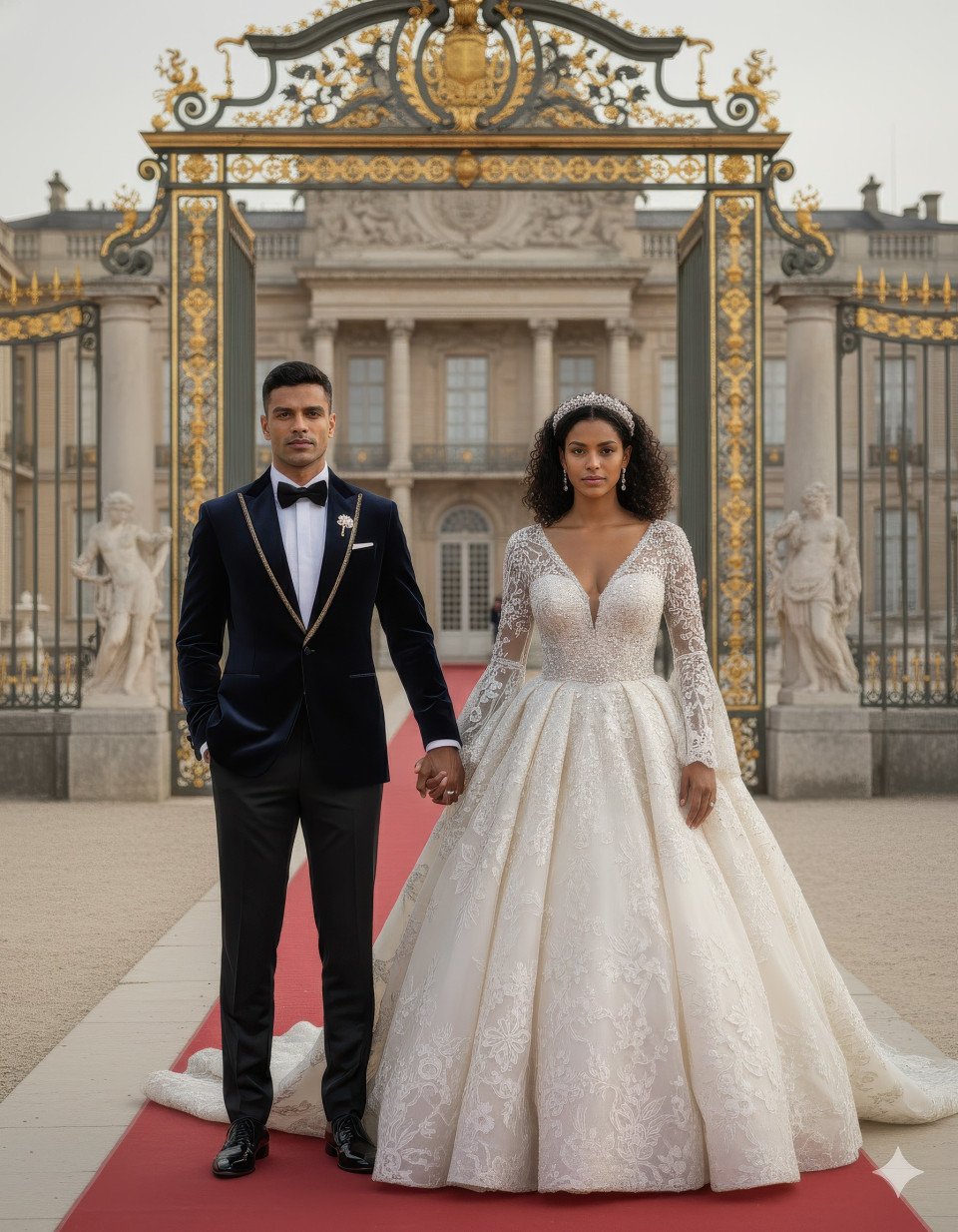 Wedding couple posing in front of palace gates