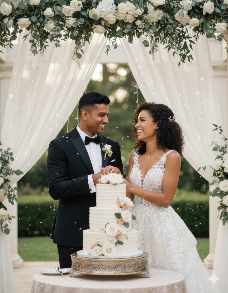 Wedding couple cutting cake beneath floral canopy