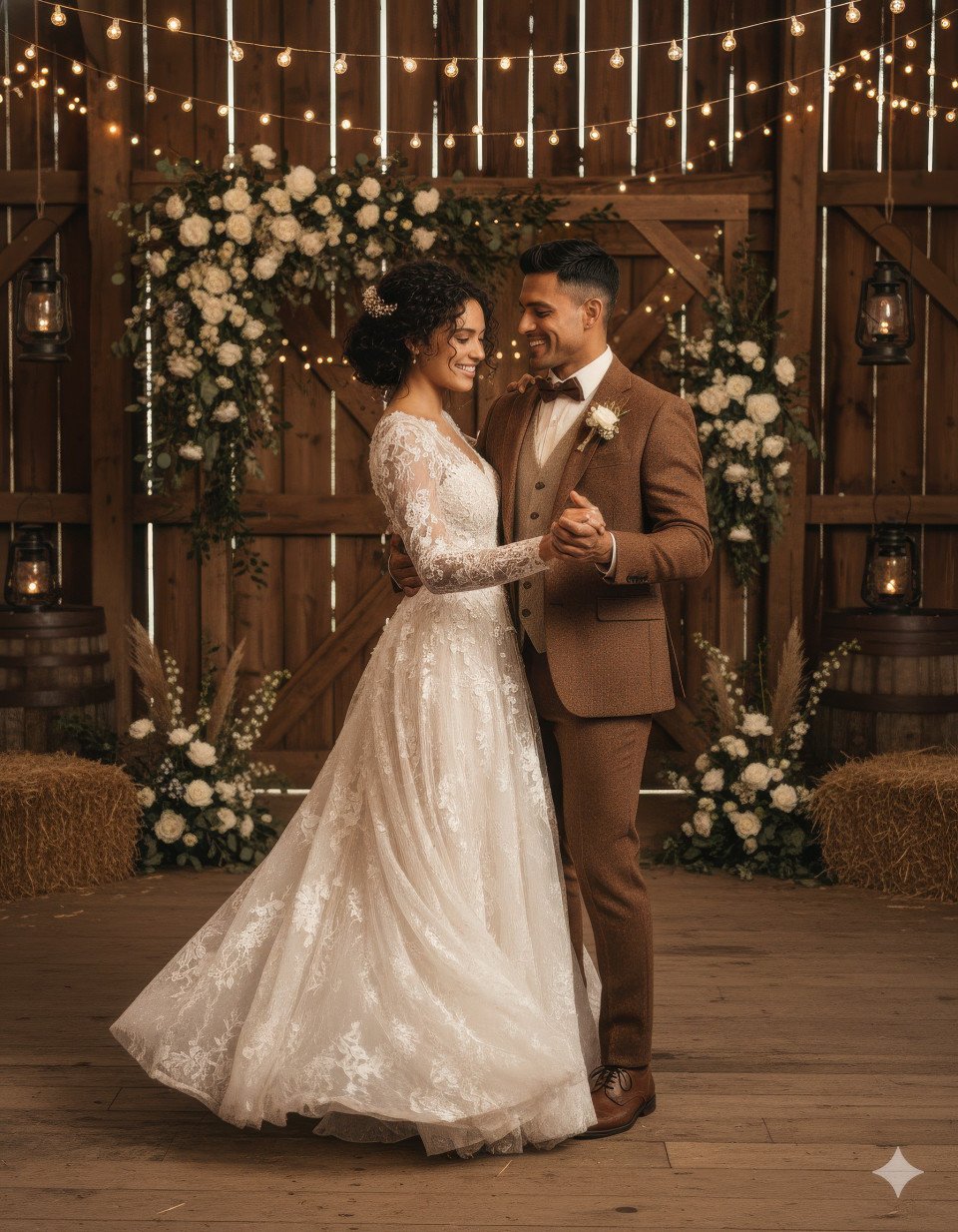 Newlyweds dancing in rustic barn under string lights