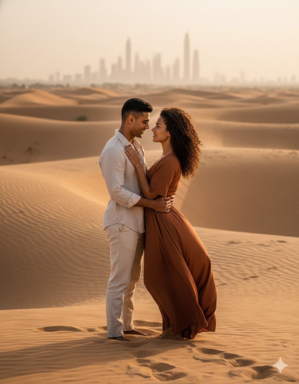 Honeymoon couple embracing on dubai desert dunes