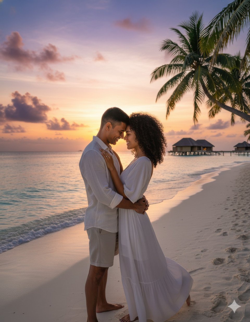 Honeymoon couple embracing on beach in maldives