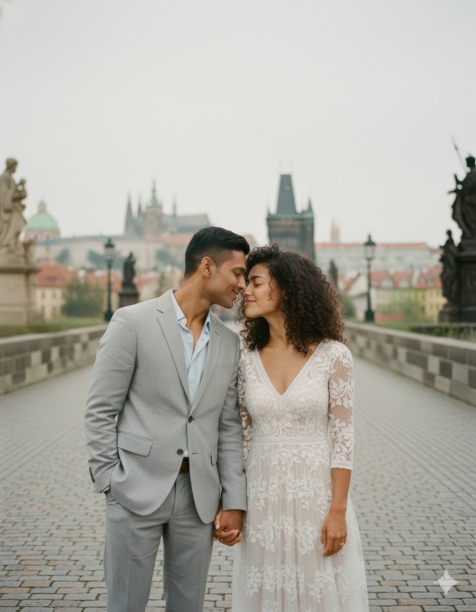 Newlywed couple whispering on charles bridge