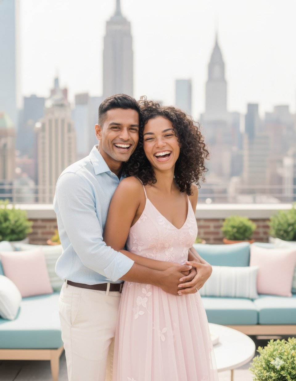 Newlywed couple laughing on new york rooftop