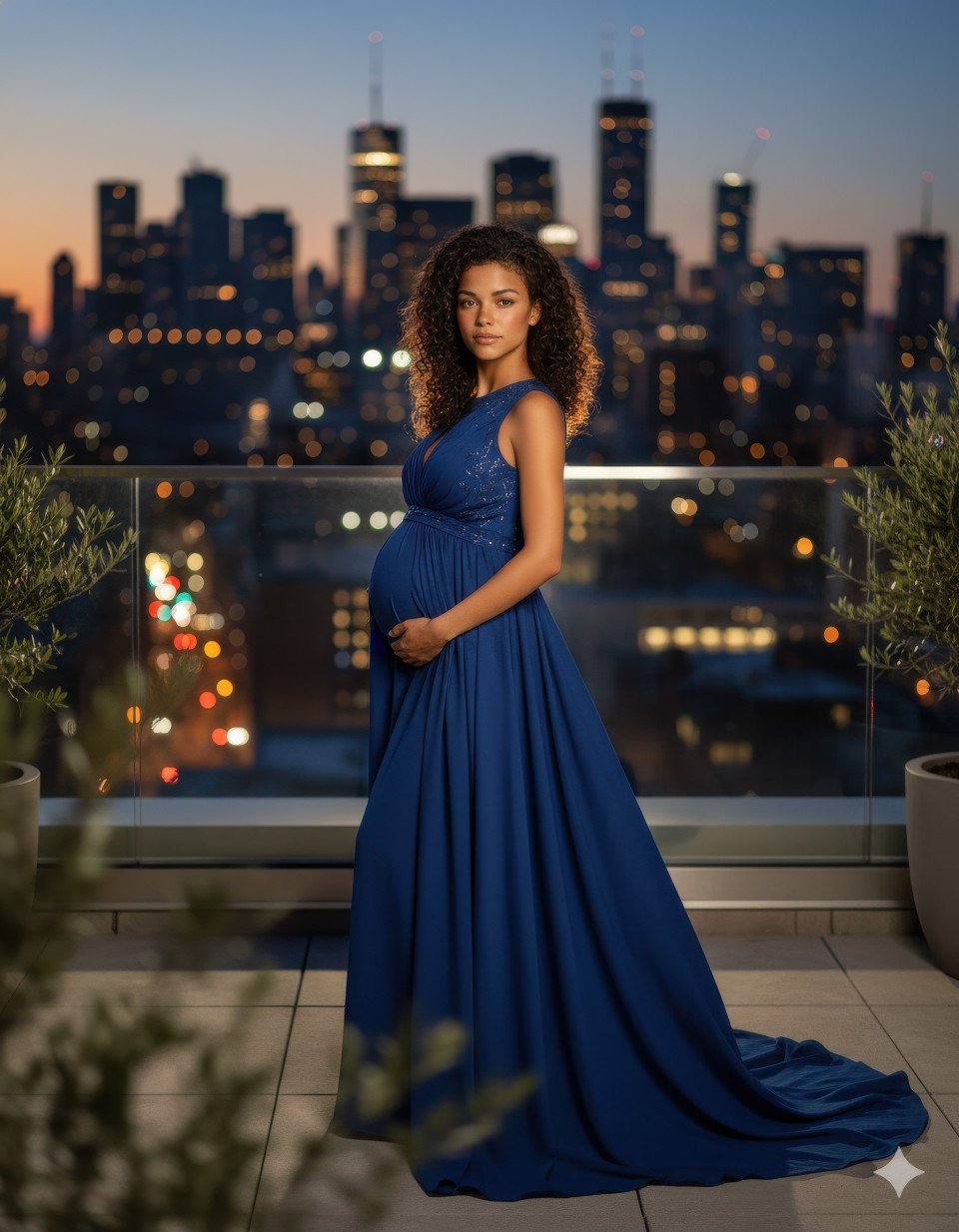 Urban rooftop maternity photoshoot at twilight