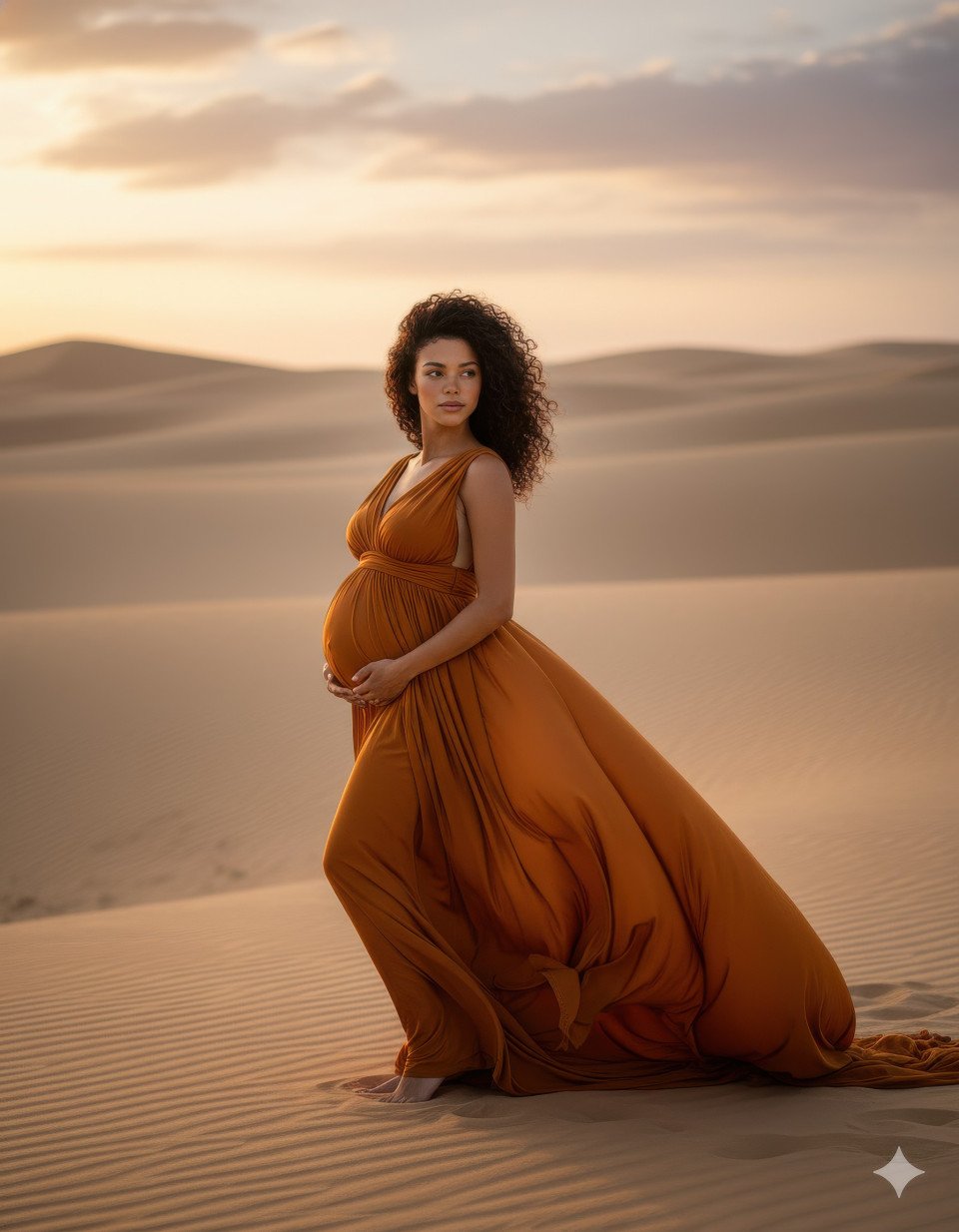 Maternity photoshoot in desert at sunset