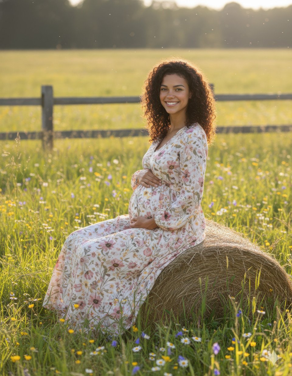 Rustic maternity photoshoot in countryside meadow