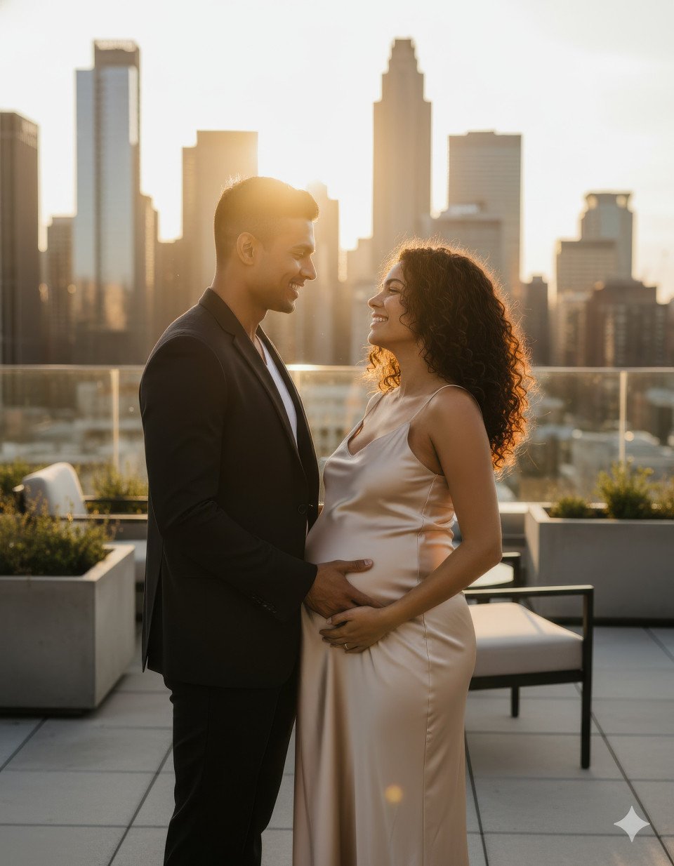 Urban rooftop maternity couple at sunset