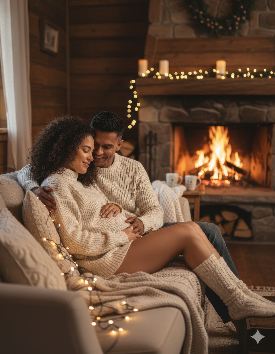 Cozy indoor maternity couple by fireplace
