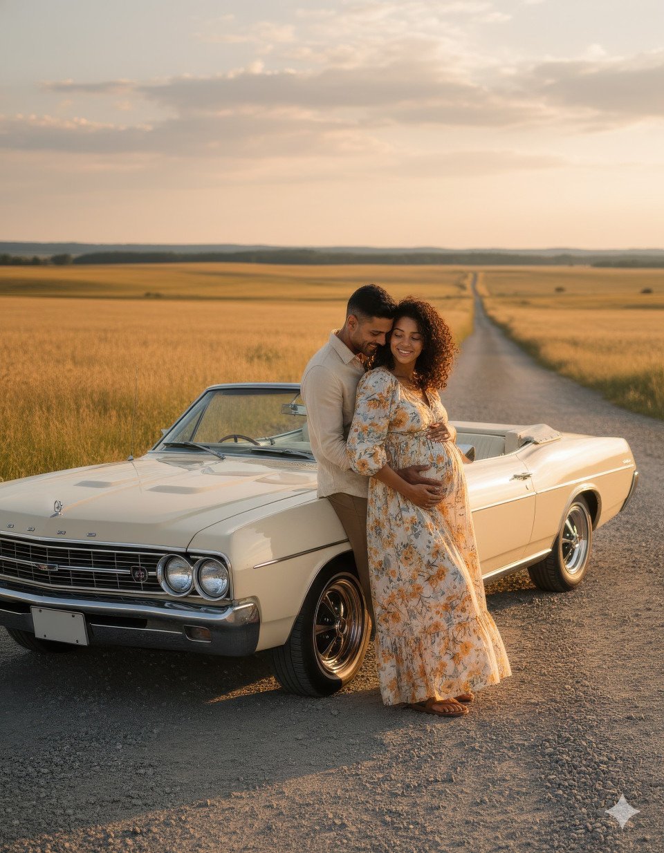 Maternity couple by vintage car on country road