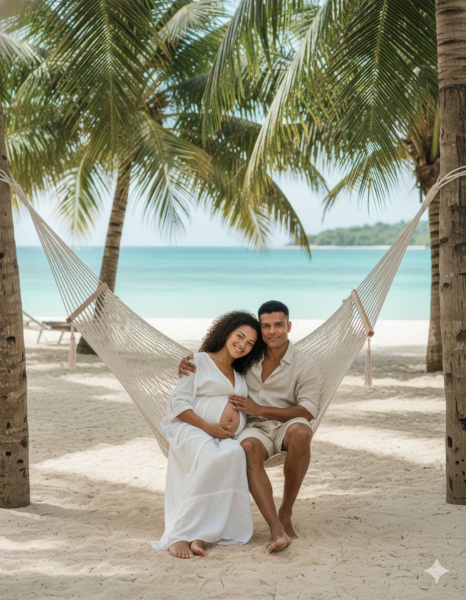 Tropical maternity couple relaxing in hammock