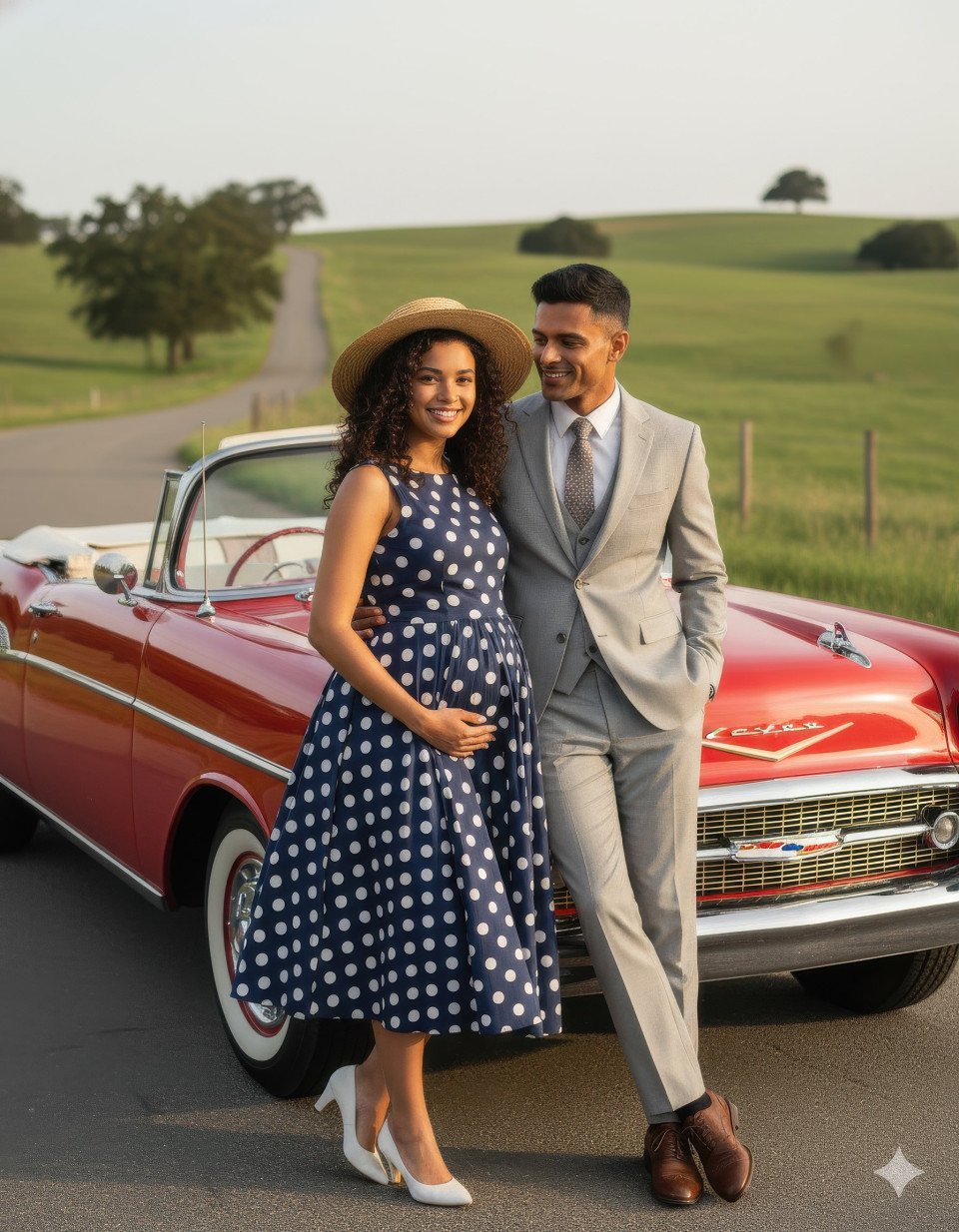 Vintage maternity couple with classic car