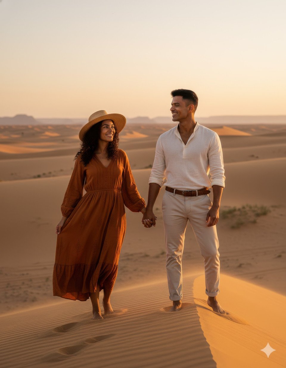 Couple holding hands atop desert sand dunes at sunset