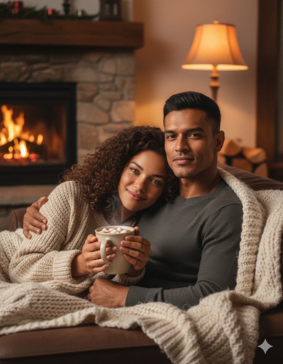 Couple cuddling under blanket with cocoa near fireplace