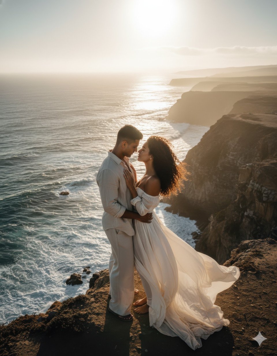 Adventurous couple standing on cliff overlooking ocean