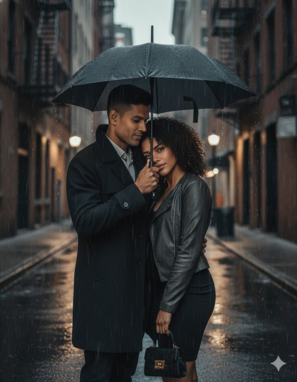 Romantic couple sharing umbrella under soft city rain