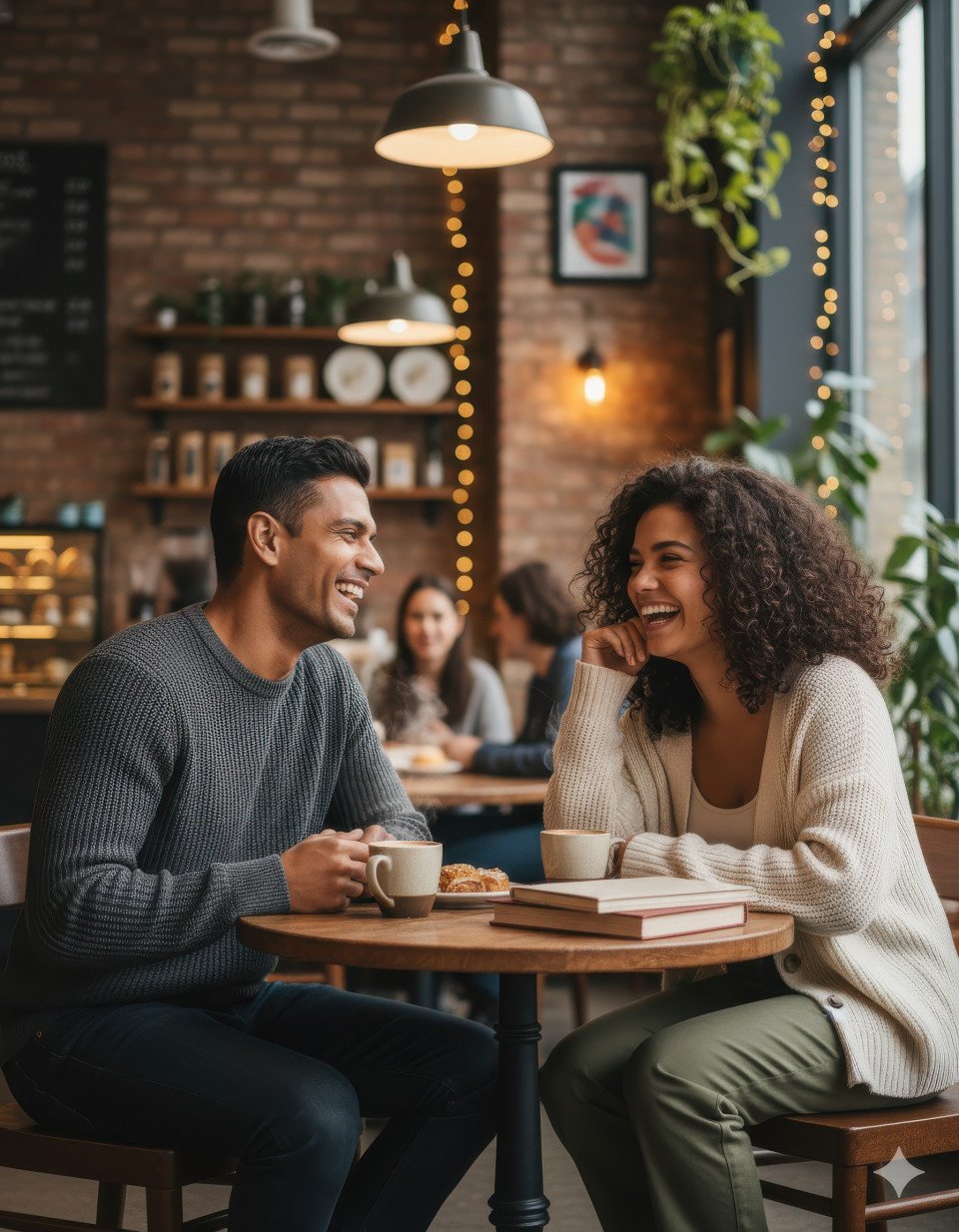Candid couple sharing a laugh in cozy coffee shop