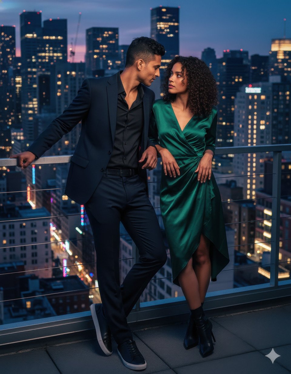 Stylish couple leaning on rooftop railing with city skyline